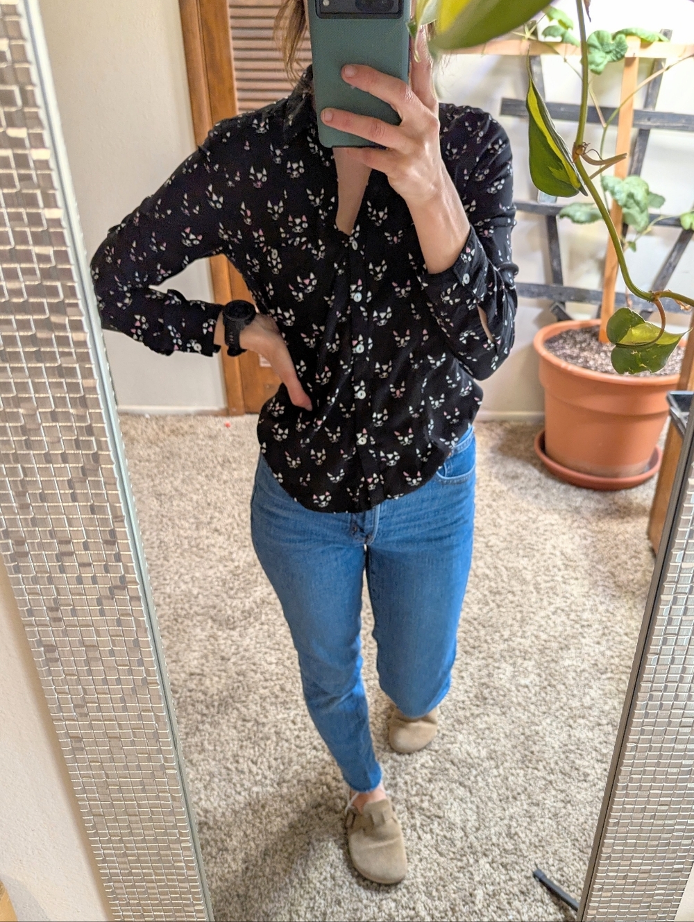 Maeve Black and Pink Cat Button Up Shirt